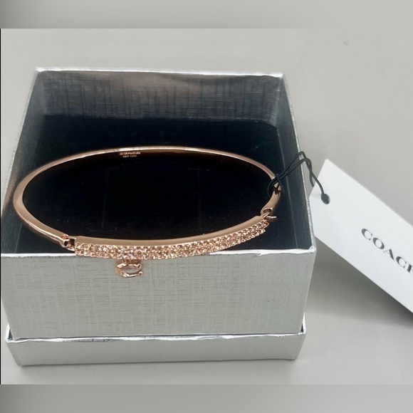 COACH Signature Pave C-Bar Bangle Bracelet In Rose Gold & Cubic Zirconia NEW - Picture 3 of 8